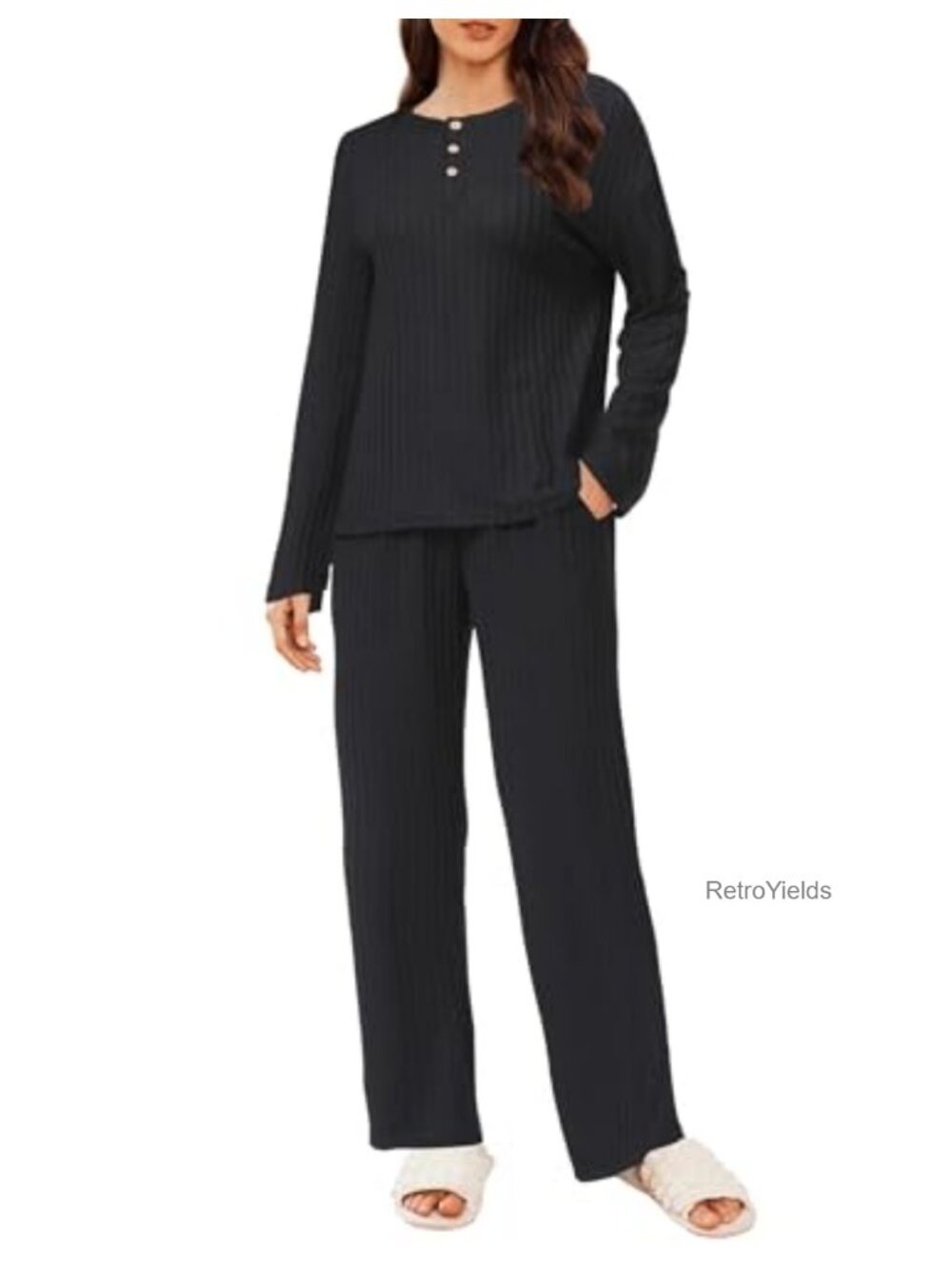 Ribbed Knit Lounge Set Long Sleeve Henley Top & Pants Two Piece Sleepwear